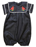 Cardinal Romper 100% natural linen and adorned with an artisan-embroidered cardinal bird