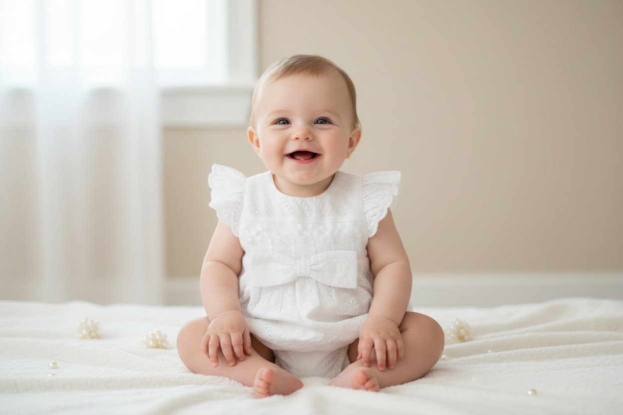 Baby wearing a white bib and onesie sitting on a bed. eel